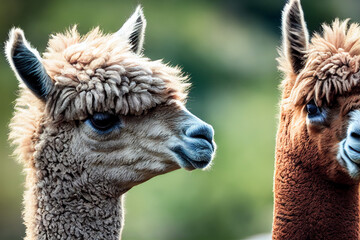 Obraz premium two alpacas are standing on a green meadow among green nature, generative AI