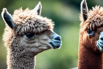 Fotobehang two alpacas are standing on a green meadow among green nature, generative AI © Paulina