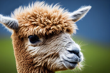 alpaca stands on a green meadow among green nature, generative AI