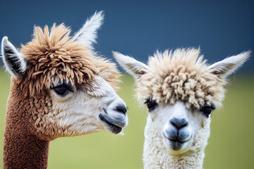 two alpacas are standing on a green meadow among green nature, generative AI - obrazy, fototapety, plakaty