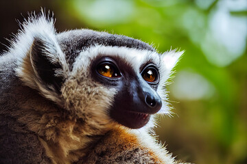 Obraz premium portrait of a lemur against the background of green nature in the jungle, generative AI