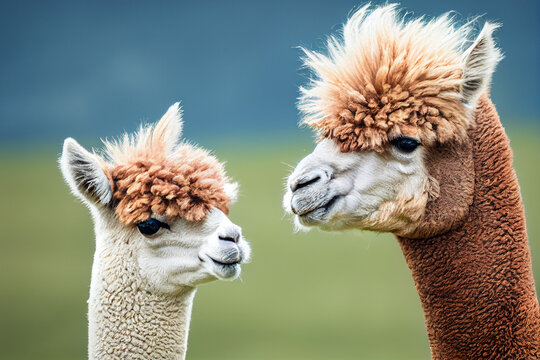 two alpacas are standing on a green meadow among green nature, generative AI