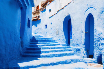 Chefchaouen the blue city in Morocco with blue buildings and blue stairs, generative AI