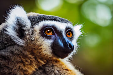 portrait of a lemur against the background of green nature in the jungle, generative AI