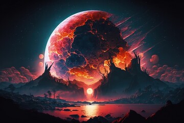 Fantasy setting large red moon Moon in collision. sky at dusk. A fantasy illustration. Generative AI - obrazy, fototapety, plakaty