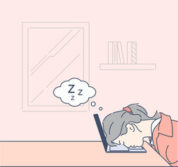 Young woman sleeping on laptop, hand drawn style vector design illustration