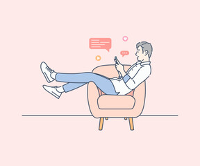 A man playing smart phone on the sofa, hand drawn style vector design illustration