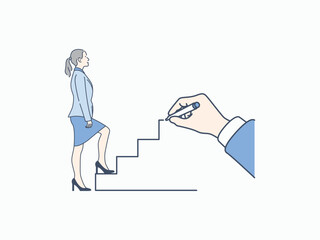 Business woman stepping up staircase, hand drawn style vector design illustration