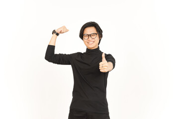 Rise Arms Biceps and Showing Thumbs Up Of Handsome Asian Man Isolated On White Background