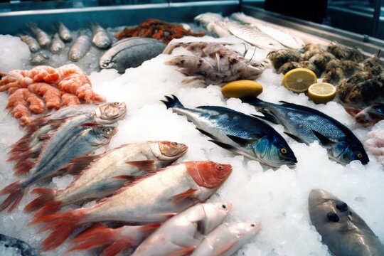 Seafood on ice at the fish market. Generative AI