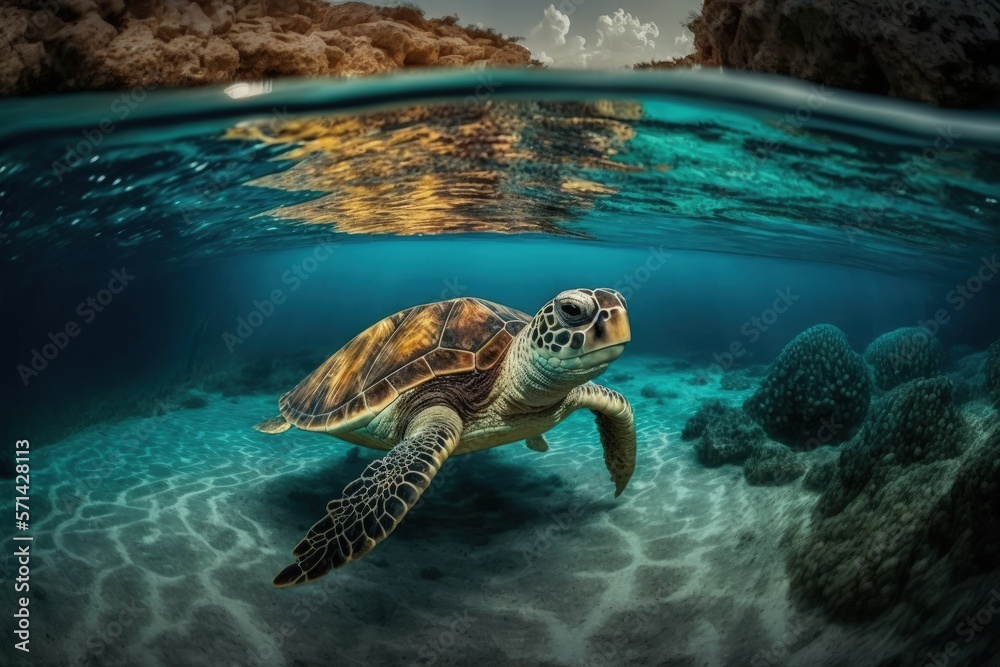 Wall mural picture of a seascape with a green sea turtle in the caribbean sea, curacao. generative ai