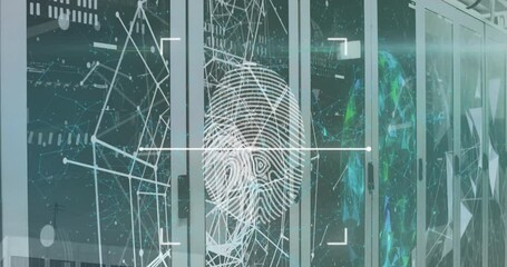 Animation of biometric fingerprint scanner and plexus networks against computer server room - Powered by Adobe