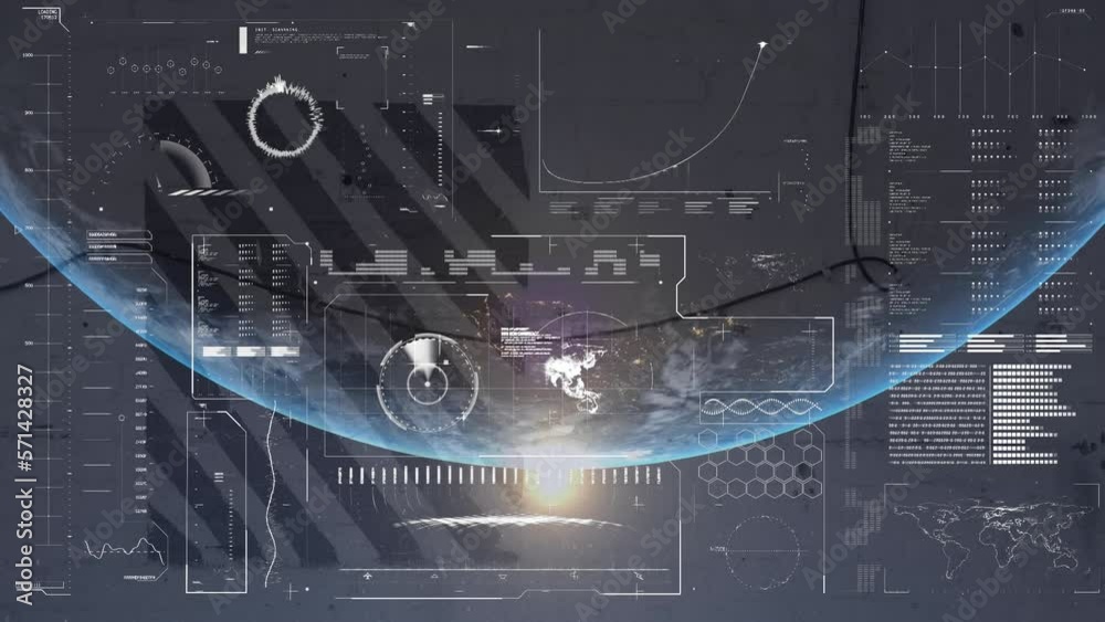 Poster animation of interface with data processing over globe and light spot