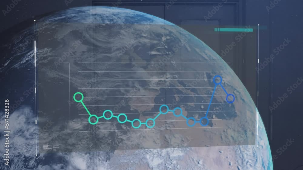 Poster animation of statistical data processing over globe against blue background