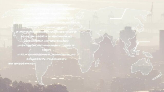 Animation of data processing and heart rate monitor over world map against aerial view of cityscape