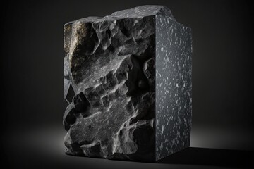 Rough natural grey stone used as a pedestal for cosmetic and packaging presentations with copy space on a black background. Generative AI