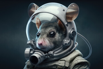 image of cosmonaut mouse in helmet with oxygen on gray background, generative AI image.