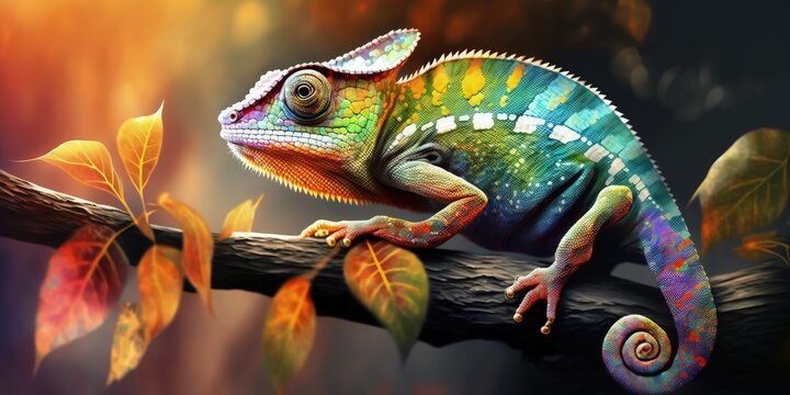 Agamidae animal wildlife, abstract animal background On the tree, a charming chameleon changes colors. Generative AI