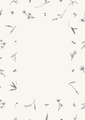 Card with dry and wild grass. Vertical botanical frame with copy space. White card mockup with black and white herbal background. Sketch. BW. Trendy border for invitations, postcards, cover.