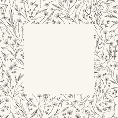 Square frame with dry grass. White card mockup with black and white herbal background. Floral card with copy space. Botanical vector illustration. Black and white. Engraving.