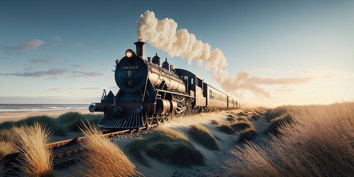 Historic steam train on sea shore, AI generative