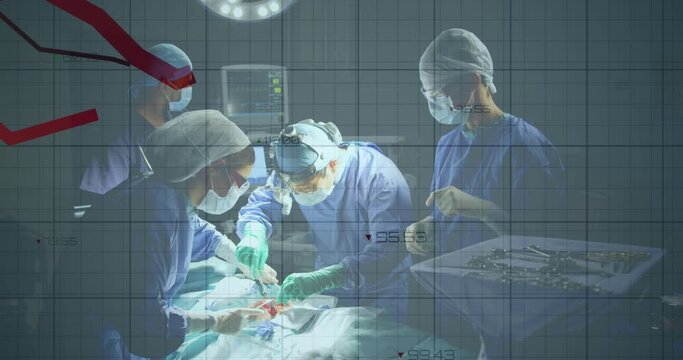 Animation of statistical data processing over team of surgeons performing operation at hospital