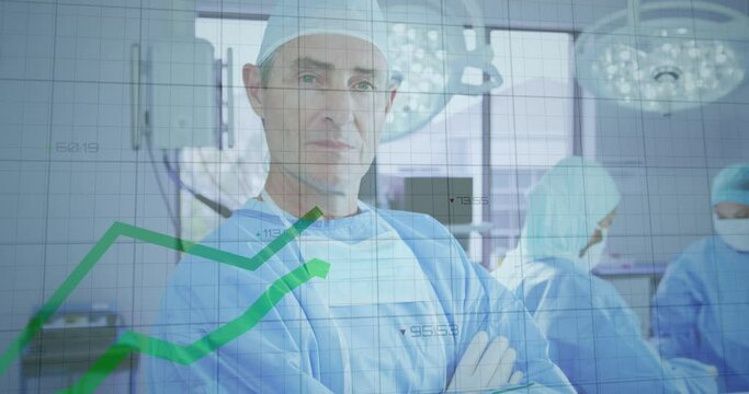 Animation of statistical data processing over caucasian male surgeon smiling in operation theatre