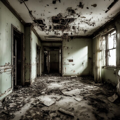 Fototapeta na wymiar The interiors of an abandoned hospital, in a horror style, with eerie corridors. Generative AI
