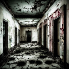 The interiors of an abandoned hospital, in a horror style, with eerie corridors. Generative AI