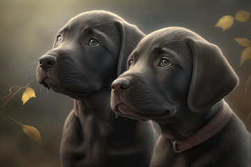 Two adorable, playful, friendly Labrador retriever, Labs, puppies, dog breed.  Puppy eyes, cute, friendly, fun