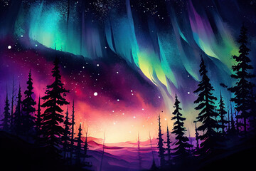 Northern Lights Night Sky Watercolor Backgrounds, Generative AI