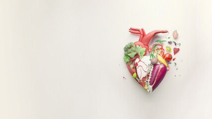 Vegetables and fruit with heart shape as concept of cardiovascular health. Created by Generative AI