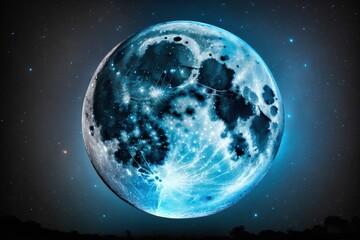 Beautiful evening photo with a blue background, a full moon that is dazzling and sparkling. Beautiful full moon and hazy skies at night. at nighttime outside
