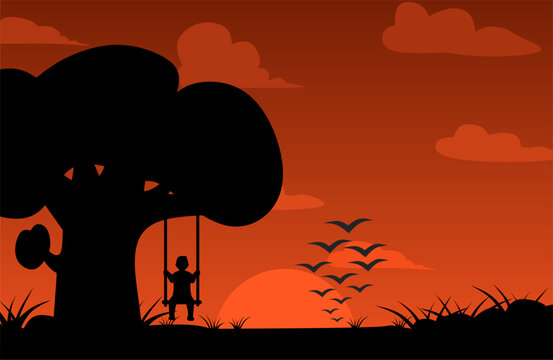 vector illustration of a silhouette of a child sitting on a swing looking at the sunset