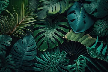 Fototapeta na wymiar Background of nature texture with abstract green leaves. (Monstera,palm,coconut,banana,fern) creative design layout. Generative AI