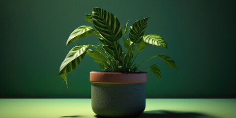 Fototapeta na wymiar Solid Green Background, Potted Plant. Generative AI.