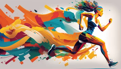 Zelfklevend Fotobehang Running Woman in Motion, Colorful. Generative AI. © Lars