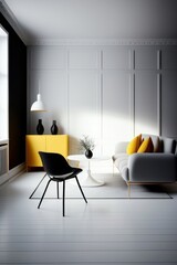White living room with luxurious furniture and  yellow details, Generative AI