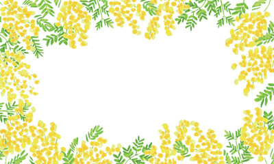水彩画。水彩タッチのミモザイラストベクターフレーム。ミモザのベクター背景。Watercolor. Mimosa illustration vector frame with watercolor touch. Mimosa vector background.
