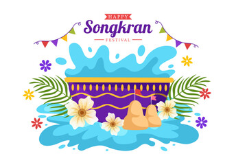 Happy Songkran Festival Day Illustration with Playing Water Gun in Thailand Celebration in Flat Cartoon Hand Drawn for Landing Page Templates