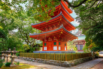 Fukuoka, Japan - Nov 20 2022: Tochoji Temple located in Hakata district. First built by Kobo Daishi by the sea, moved to current place by Kuroda Tadayuki, designated a historical site by Fukuoka City