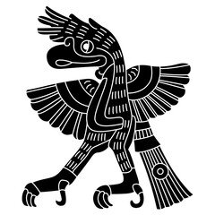 Standing or dancing eagle bird with open wings. Native American animal design of Aztec Indians from Mexican codex. Black and white negative silhouette.