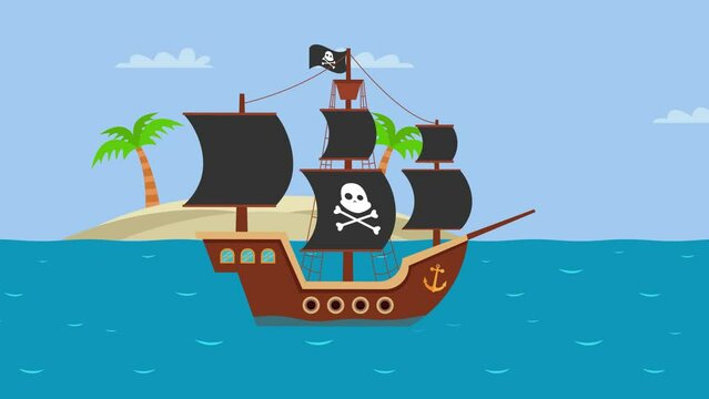 Wooden pirate ship sailing near beach