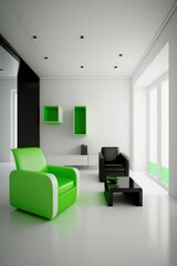 White living room with luxurious furniture and green accents, Generative AI