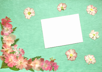 Page from old photo album. Scrapbooking element. Watercolor drawing flowers. For wrapper pattern or greeting, card. Invitations und congratulations. Ecology style. Watercolor digital painting.