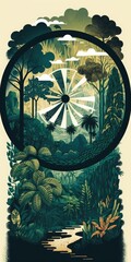 Wheel of Sustainable Development Illustration above a lush jungle. societal accountability for businesses. Development that is sustainable for a better world. Illustration. Generative AI