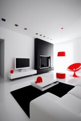 White living room with luxurious furniture in red accents, Generative AI