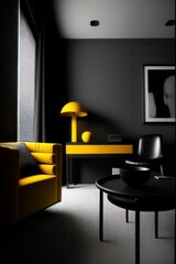 black living room with luxurious furniture with yellow details, Generative AI