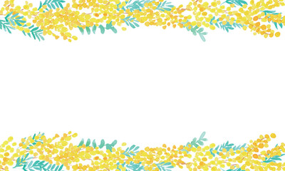 水彩画。水彩タッチのミモザイラストベクターフレーム。ミモザのベクター背景。Watercolor. Mimosa illustration vector frame with watercolor touch. Mimosa vector background.