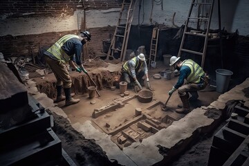 Construction Engineers discovering an ancient buildings under the city, solving mysteries about hidden civilizations on the entire world, generative ai